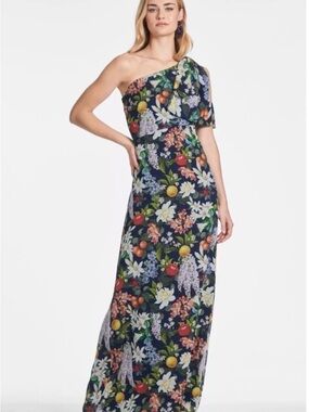 Sachin + Babi Navy One-Shoulder Floral & Fruit Chelsea gown